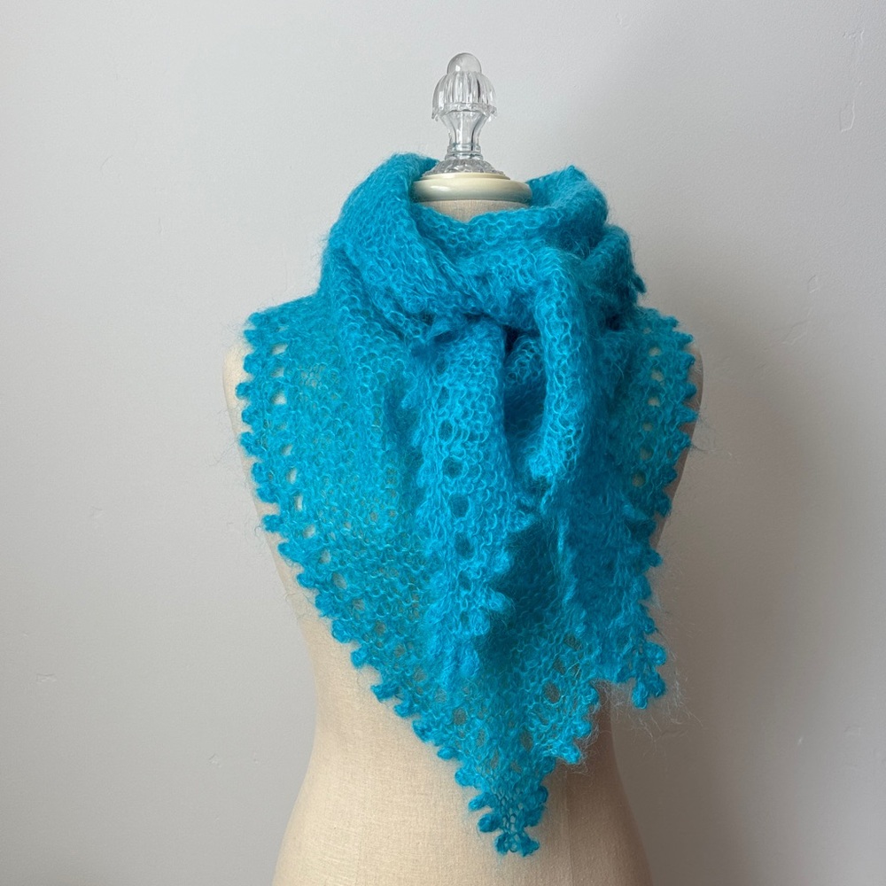 Designer Hand Knit Triangular Mohair Turquoise Scarf